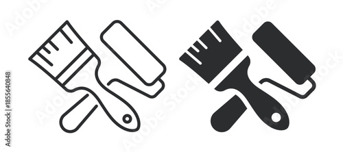 Painting tools icon illustrating brush and roller for renovation, wall coating and interior finishing tasks. Line and solid vector icon collection.