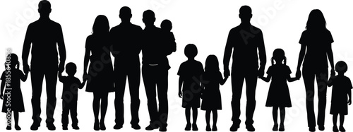 Happy family silhouette group, parents and children together, father mother kids holding hands, family unity concept, black isolated illustration design