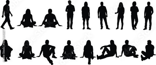 People silhouette poses collection, standing sitting walking figures, male female human shapes, casual lifestyle positions, isolated black illustration set