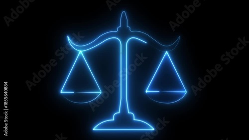 Glowing neon line Scales of justice icon isolated on black background. Court of law symbol. Balance scale sign. animation