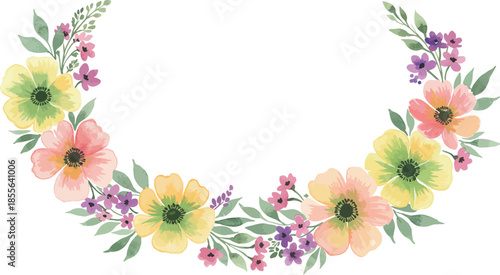 Watercolor floral wreath with pink yellow and purple flowers and leaves
