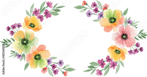 Watercolor floral wreath with colorful flowers and green leaves decoration