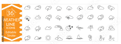 Weather Forecast Icons. Modern Line and Glyph Icons for Sunny Conditions ,Rainy Days, Snowfall Storms ,Wind Speed ,Temperature ,Readings and Climate Alerts Editable Stroke Vector illustration. 