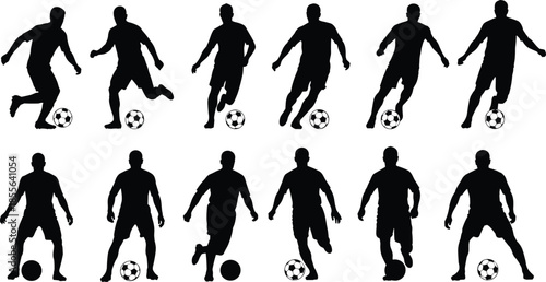 Soccer player silhouette sequence, football dribbling poses, athlete motion frames, sport action animation, isolated black human movement illustration