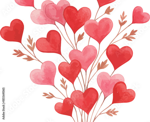 Watercolor illustration of red and pink hearts on white stems