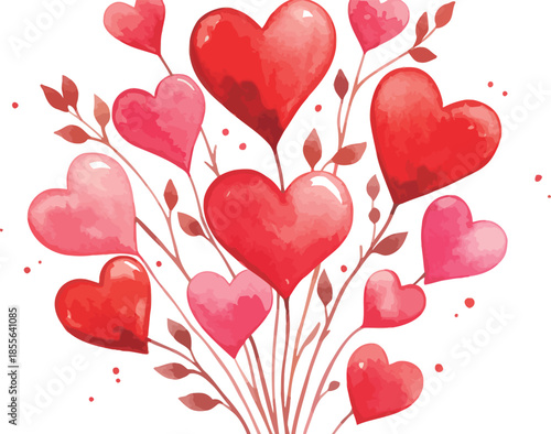 Cluster of red and pink hearts on white background