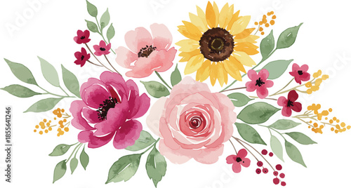 Vibrant floral arrangement with sunflowers and roses on white background