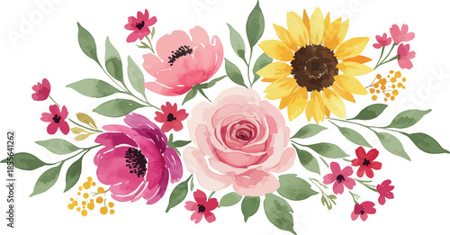 Beautiful bouquet of colorful flowers including sunflowers and roses