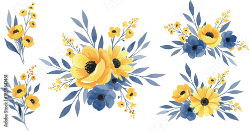 Abstract floral illustration featuring a summer garden pattern of yellow daisies and blooming sunflowers with a butterfly on a white background design