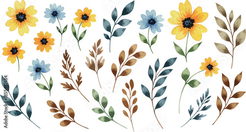 Watercolor illustration of sunflowers and wheat on white background