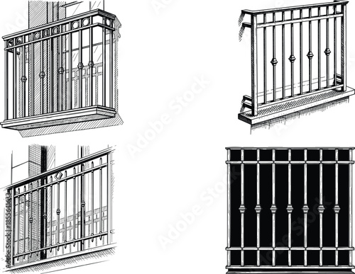 Modern European Balcony Grill Set Engraving Style Architectural Iron Railing Vintage Line Art Illustration