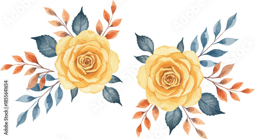Two yellow roses with colorful leaves on white background