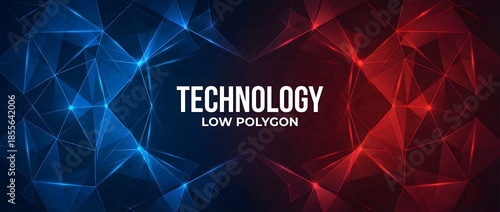Abstract low polygon technology background with blue and red geometric shapes, futuristic digital design concept for innovation, data visualization, and modern interface
