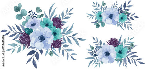 Watercolor floral arrangements in shades of purple green and blue