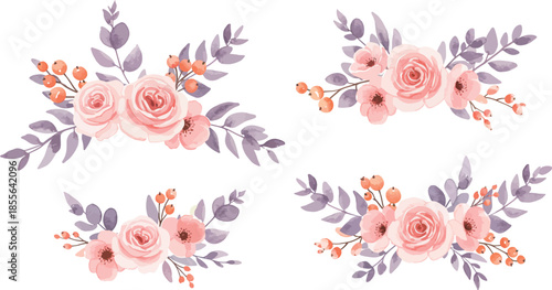 Four watercolor floral bouquets with pink roses and greenery arrangements