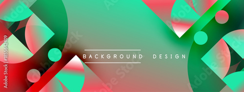 Abstract geometric shapes blend vibrant colors. Gradient transitions create dynamic visual effect. Modern design suitable for backgrounds.