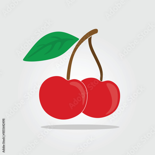 Two Fresh Red Cherries with Green Leaf Vector Illustration