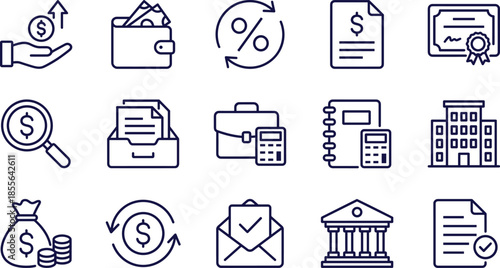 Financial and banking icon set including money wallet interest rates investment tax documents bank building calculator savings and professional accounting symbols