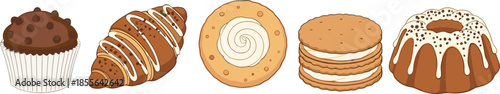Sweet bakery desserts collection illustration featuring muffin, croissant, cookies, sandwich biscuit, and glazed cake in flat vector style