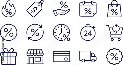 Retail shopping discount icon set including price tag percentage sign calendar gift box delivery truck credit card and online store symbols