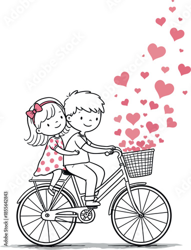 Couple riding bicycle together with hearts floating around them