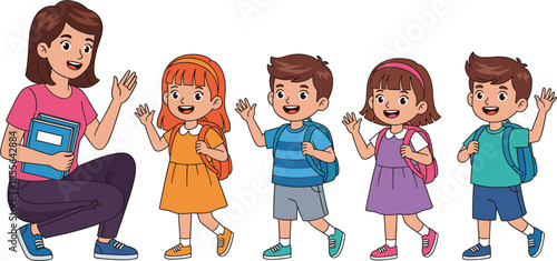 Teacher and happy school children waving with backpacks vector illustration for education learning and classroom concept