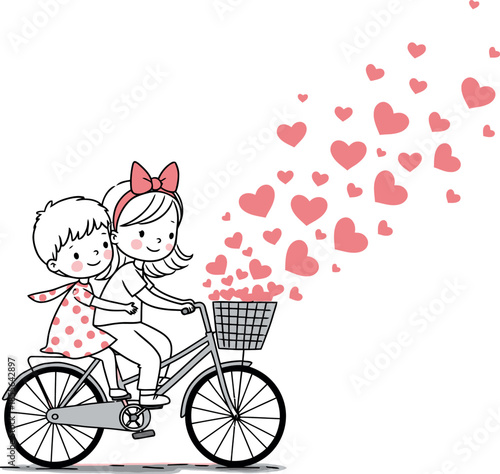 Little girl riding bicycle with hearts coming out of basket