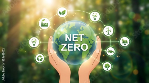 Hands holding glowing net zero symbol surrounded by sustainability icons in forest setting, illustrating climate action, carbon reduction, and clean energy future
