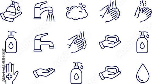 Hand washing and hygiene icon set including soap dispenser water tap bubbles sanitizing hands bathroom faucet liquid gel and cleanliness symbols