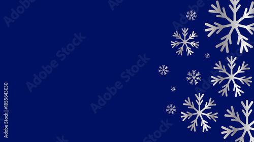 Graceful silver snowflakes drift across a deep blue background, creating a serene and elegant template for winter holiday promotions.