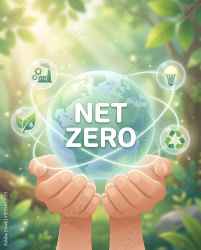 Hands holding glowing net zero symbol surrounded by sustainability icons in forest setting, illustrating climate action, carbon reduction, and clean energy future
