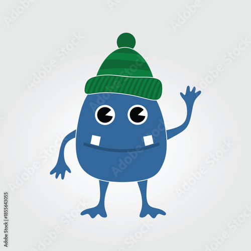 Cute Blue Monster Character Wearing Green Winter Hat Vector Illustration
