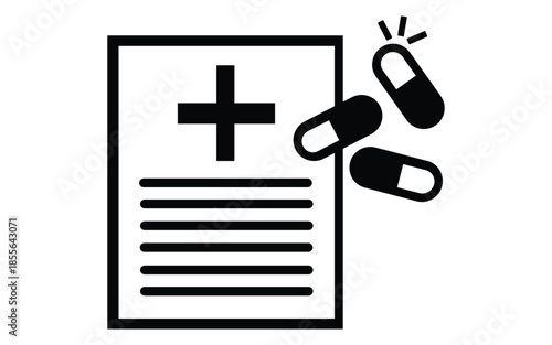 Medical prescription document with a cross symbol and falling pills
