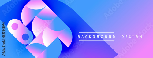 Abstract geometric shapes blend vibrant blues, pinks, purples. Modern design features gradient effects, text elements. Background suggests innovation.