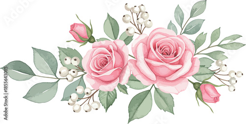 Pink roses and leaves floral arrangement on white background