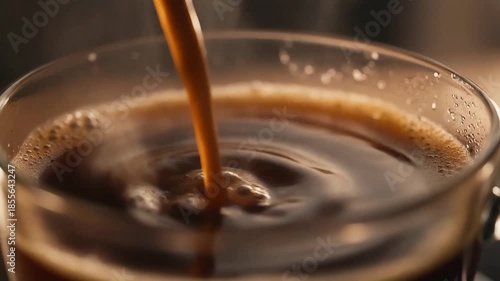Freshly brewed coffee being poured slowly into a clear glass cup. Rich, dark liquid swirls smoothly, creating delicate ripples and subtle steam rising. 