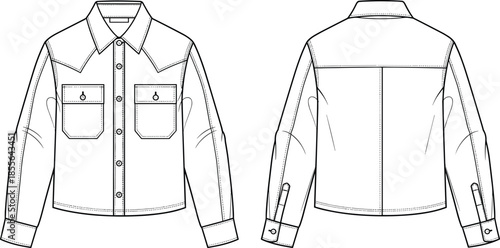 Jacket technical fashion sketch, front and back view, button down, chest pockets, collar design, sleeve seam, cad drawing flat vector illustration