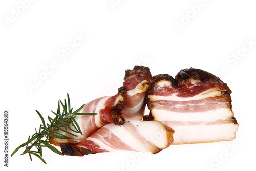 Smoked bacon slices, isolated on white background