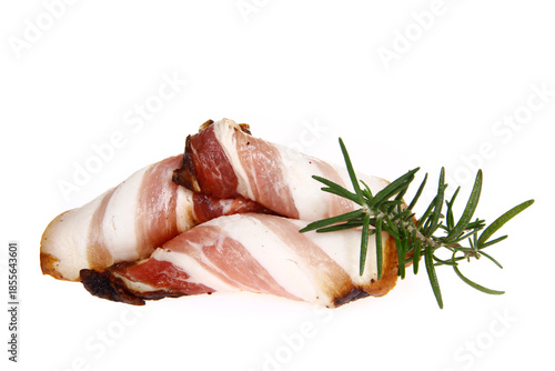 Smoked bacon slices, isolated on white background