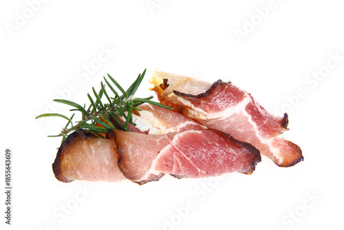 Smoked bacon slices, isolated on white background