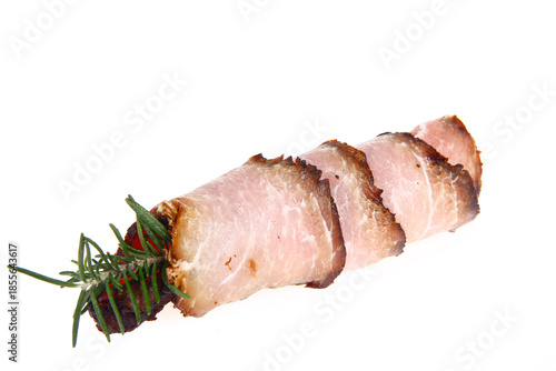 Smoked bacon slices, isolated on white background