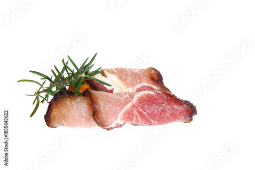 Smoked bacon slices, isolated on white background