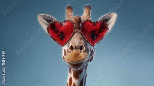 Giraffe wearing heart-shaped glasses, showcasing a playful expression against a soft blue background, embodying a whimsical and fun atmosphere with vibrant colors, st valentine's day concept