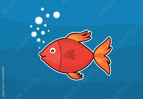Vector Illustration of a Goldfish Swimming with Bubbles on Blue Background for Kids and Marine Themes