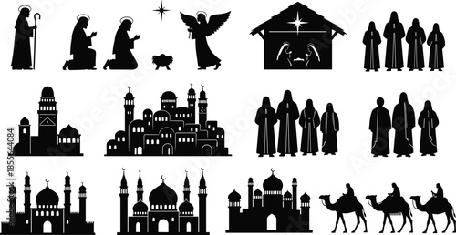 Religious silhouette illustration, nativity and mosque vector, cultural worship scene, black and white design, spiritual icon sketch, faith tradition graphic
