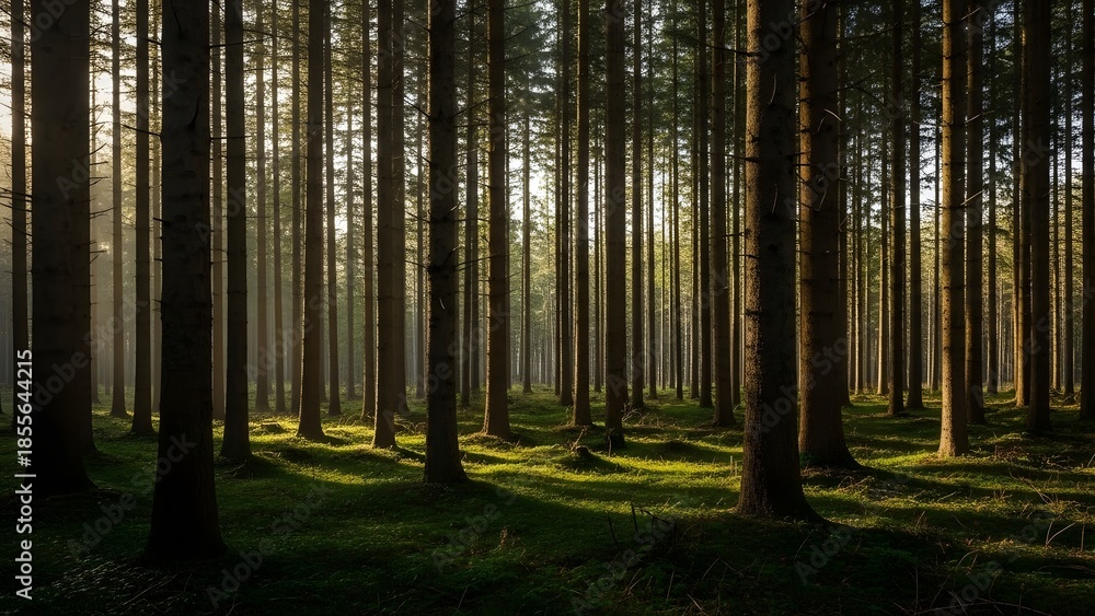 Fototapeta premium Serene forest landscape with tall trees and sunlight filtering through