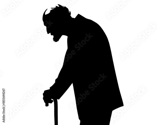 silhouette of a hunchbacked grandfather holding a stick, vector illustration 3
