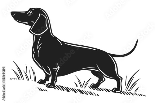 A striking black and white illustration of a dachshund dog standing in grass