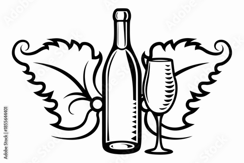 Elegant wine bottle and glass illustration with decorative grape leaves