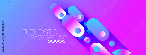 Vibrant purple, blue gradients form abstract circles. Futuristic text overlays diagonal lines. Modern design evokes energy, innovation.